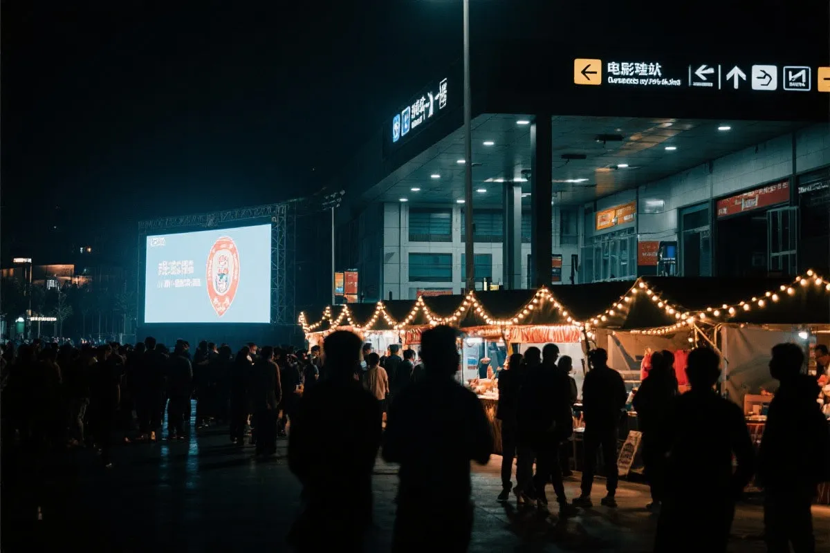 费城球迷广场夜景：大屏观赛人群、步行指示牌与公共交通入口